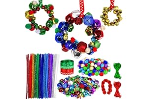 Winlyn 475 Set Christmas Jingle Bell Wreath Christmas Tree Ornaments Craft Kit Jingle Bell Metallic Chenille Stems Glitter Pom-Poms Ribbon Assortment for Kids Holiday Xmas Bracelets Necklaces Artwork
