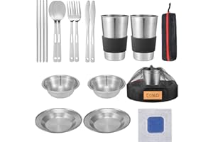 CONJGI Outdoor Camping Mess Kit - 1 to 2 persons Camping Dishes Includes Cups, Bowls, Dishes, Knives, Forks, Spoons, Etc, Camping Dinnerware Set with Mesh Bag is Easy to Carry Camping Tableware Set