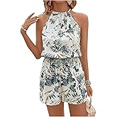 SweatyRocks Women's Allover Print Sleeveless Halter Jumpsuit High Waist Cami Romper with Pocket