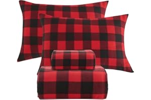 Softan Christmas Fleece Sheets Full Size, Flannel Like Soft, Velvet Polar Microfleece Sheets for Winter, Red Buffalo Plaid