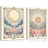 Flower and Celestial Wall Art Set of 2, Vintage Tarot Astrology Wall Decor, Sun and Moon Poster Canvas Painting Prints Artwork Picture for Bedroom Living Room 12x16 inch Framed