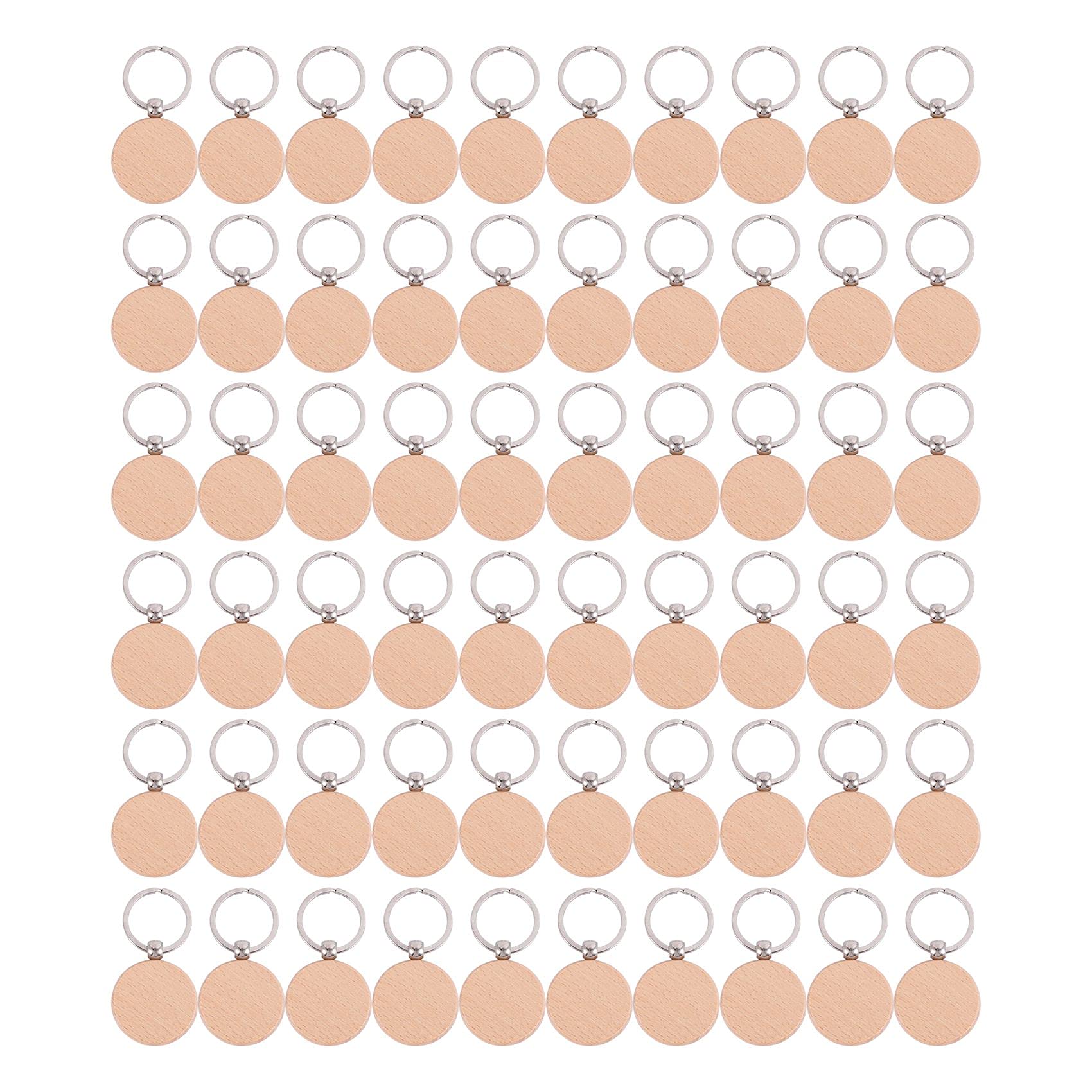 Smallterm 60Pcs Blank Round Wooden Key Chain DIY Wood Keychains Key Tags Can Engrave DIY Gifts