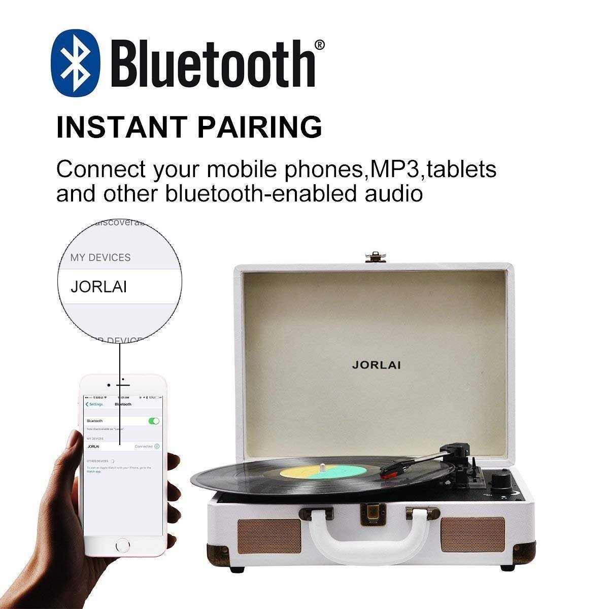 JORLAI Rechargeable Suitcase Turntable 3 Speed Bluetooth Portable Record Player with Built-in Stereo Speakers,Support Vinyl-to-MP3 Recording/Headphone Jack/Aux Input/RCA Output,White