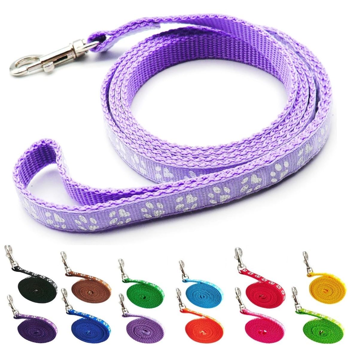 Small Dog Puppy Pet Cat Kitten Lead Pawprint Design Lightweight Nylon Metal Clip 120cm Leash Lilac Violet Light Purple