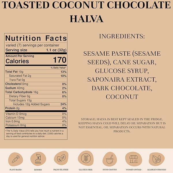 SEED + MILL – HALVA – DARK CHOCOLATE & TOASTED COCONUT – VEGAN, KOSHER, & GLUTEN FREE – ENJOY THIS SOFT, FUDGELIKE CANDY MADE FROM SESAME PASTE, COCONUT, & DARK CHOCOLATE – 8 OZ