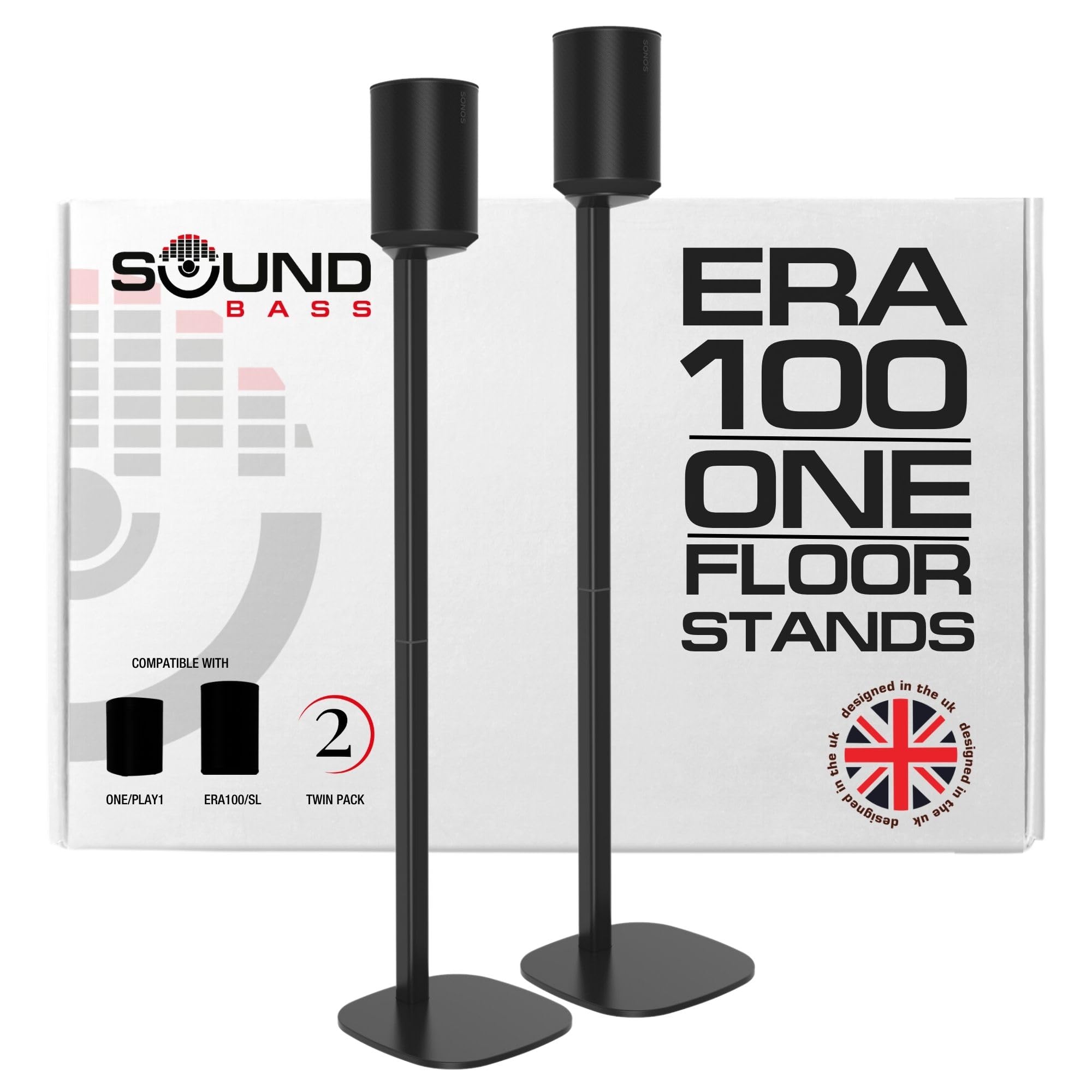 Photo 1 of Sound bass ERA 100 Floor Stand, Twin (2pcs), Compatible with Sonos ERA100 & ERA 100 SL, Sonos ONE & Play:1 Speakers, Accessories Included. Designed in The UK, Double, Pair (Black)
