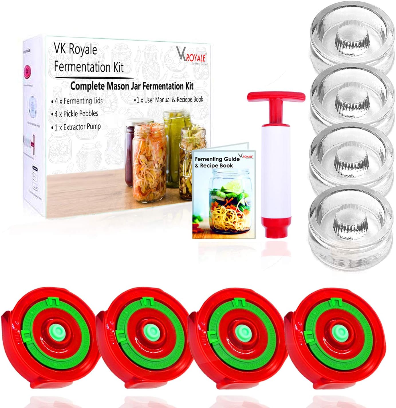 Fermentation Kit for Wide Mouth Mason Jars to make Sauerkraut, Kimchi, Pickles, | 4 Airlock Lids + 4 Glass Weights + 1 Pump | Complete DIY Canning Supplies