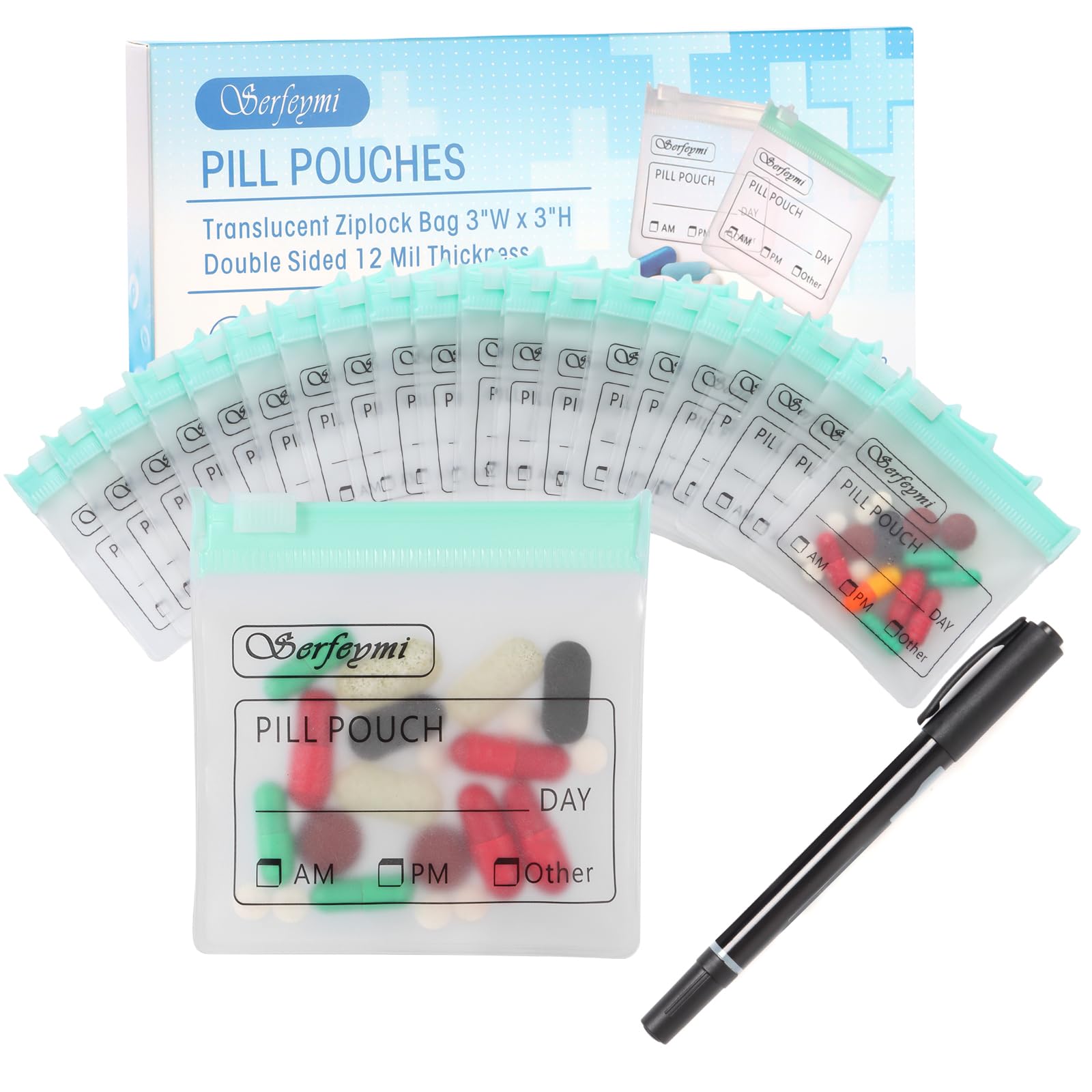 Photo 1 of Serfeymi 32 Pcs Zippered Pill Pouches Organizer Plastic Bags 3 X 3 Inches 12 mil Self Sealing with Slide Lock Writable Label Translucent Travel Medicine Storage Bag Case and 1 Pc Marker-Green