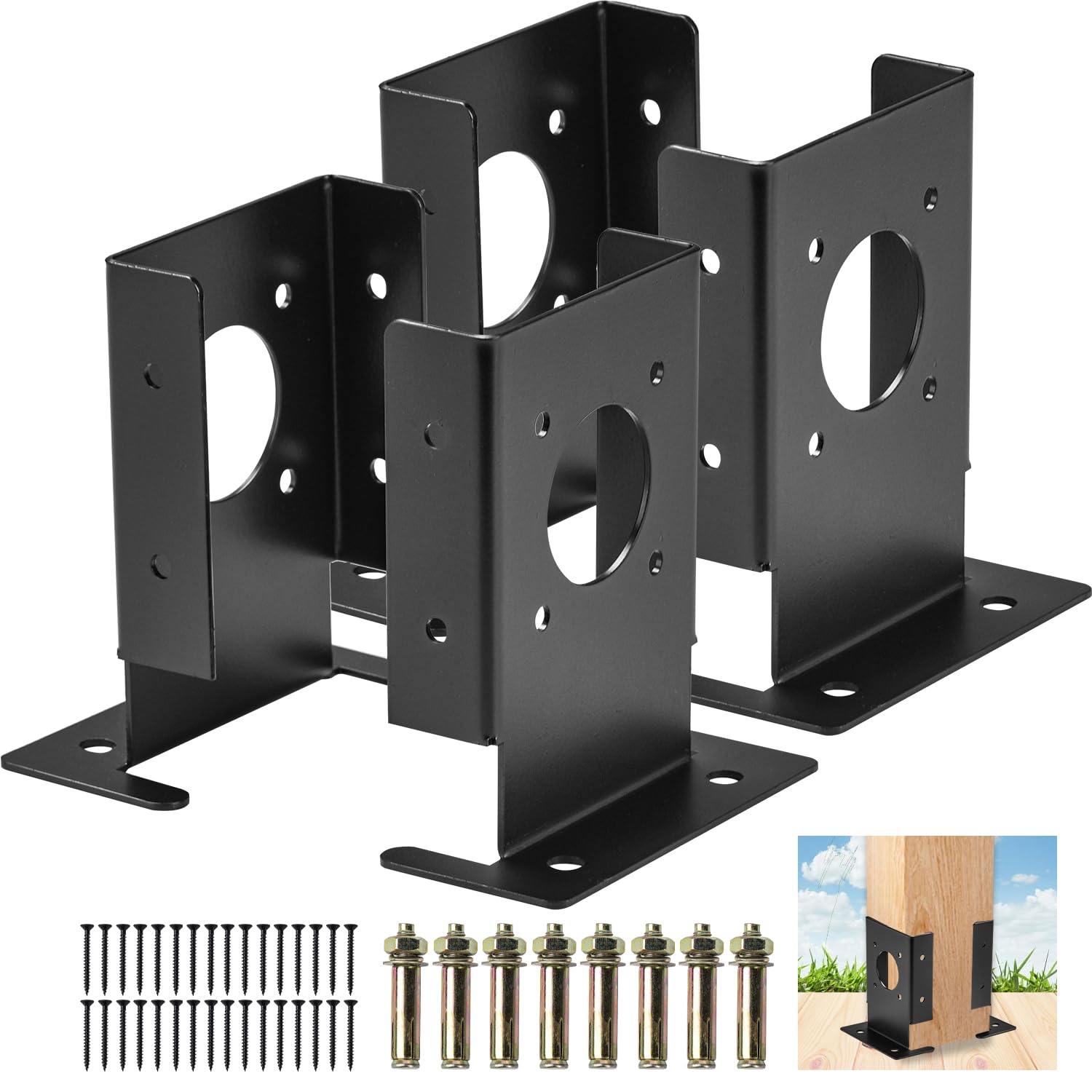 Btowin VCF 4-Piece Set 4x4 Black Metal Post Base Brackets Kit, Heavy Duty Deck Pergola Railing Support Base, Adjustable, Easy to Install
