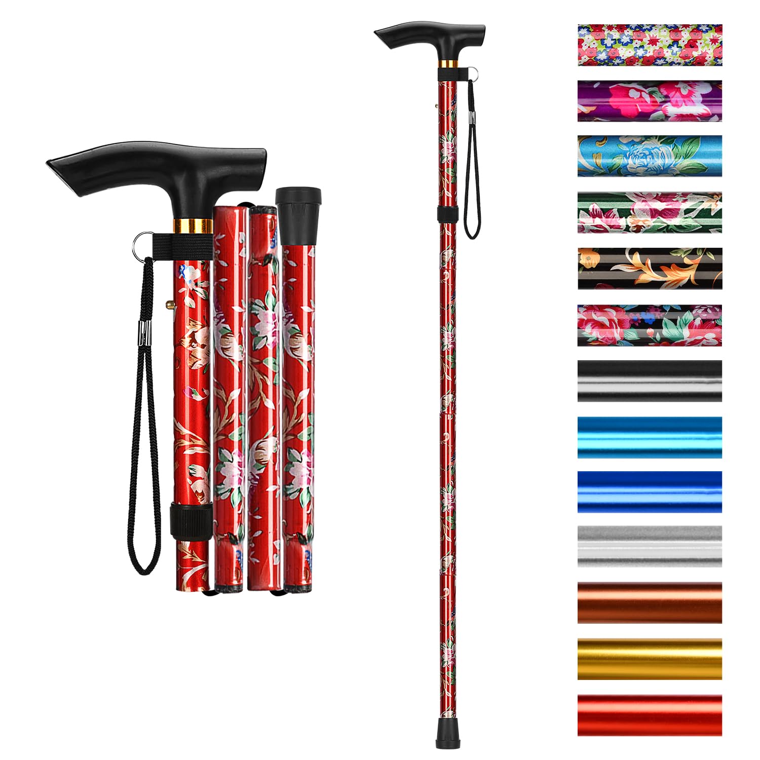 supregear Walking Stick - Adjustable Folding Walking Sticks for Women and Men - Lightweight Portable Collapsible Balancing Aid - Foldable Travel Cane for Ladies Elderly Adults, Red Floral