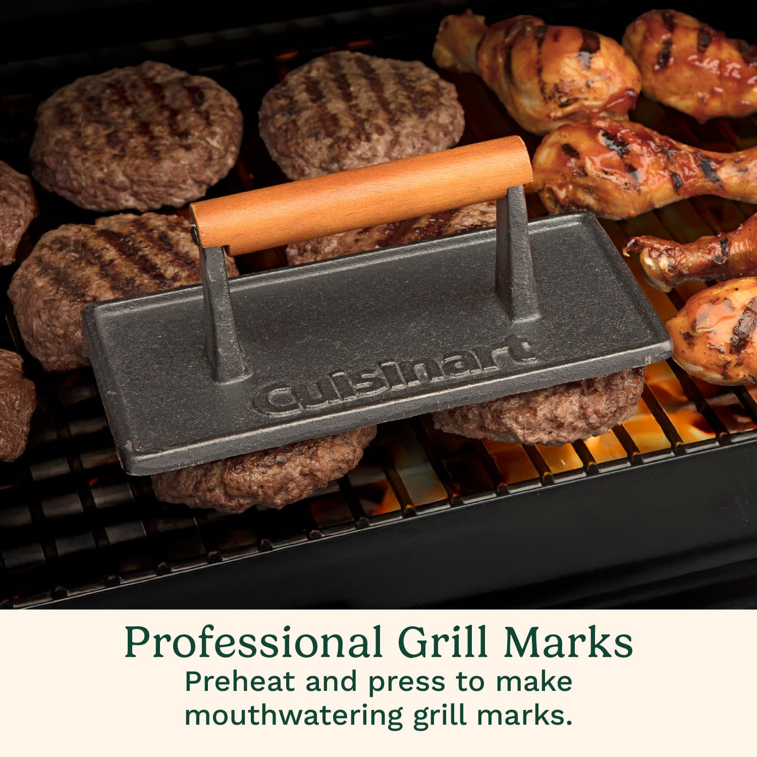 Cuisinart Cast Iron Grill Press with Wooden Handle, Heavy Duty Nonstick Rectangle Burger Press with Wood Handle, Perfect Grill Accessory for Steak, Bacon, Paninis and More