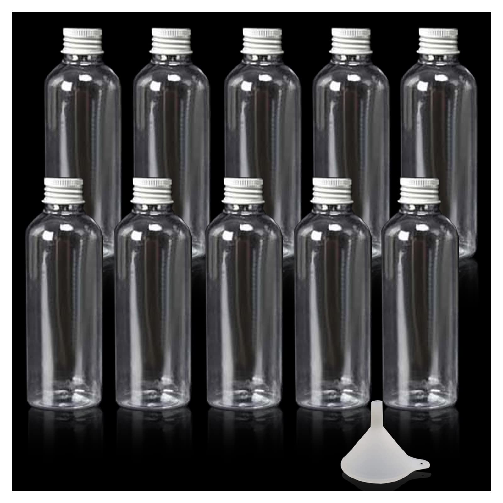 Kittenish Mini Plastic Bottles 80ml with Silver Screw Caps, Reusable & Funnel for Parties