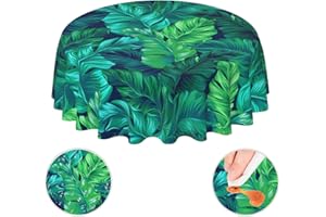 YETTA YANG Tropical Hawaiian Leaves Turquoise Leaf Summer Waterproof Picnic Patio Party Round Table Cloth Cover Decorations Fabric 60 Inch Circular Tablecloth For 20-47 Inch Home Dining Room Kitchen Decor