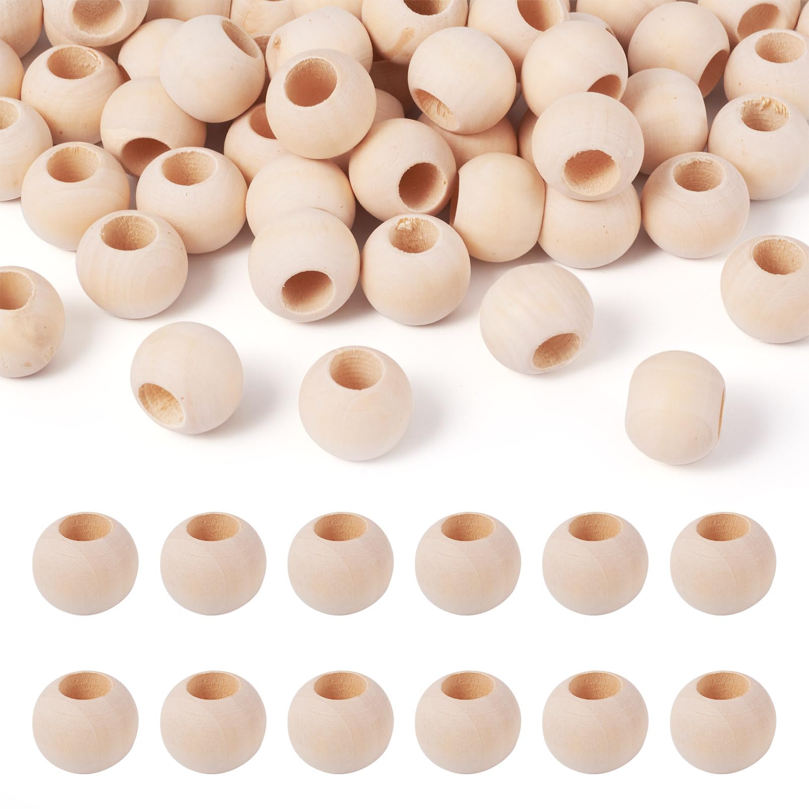 PandaHall 50pcs Natural Round Wood Beads 20mm Large Hole Unfinished Wooden Ball Spacer Loose Beads for Macrame Crafts DIY Jewelry Making Home Decoration, Hole: 9~10mm