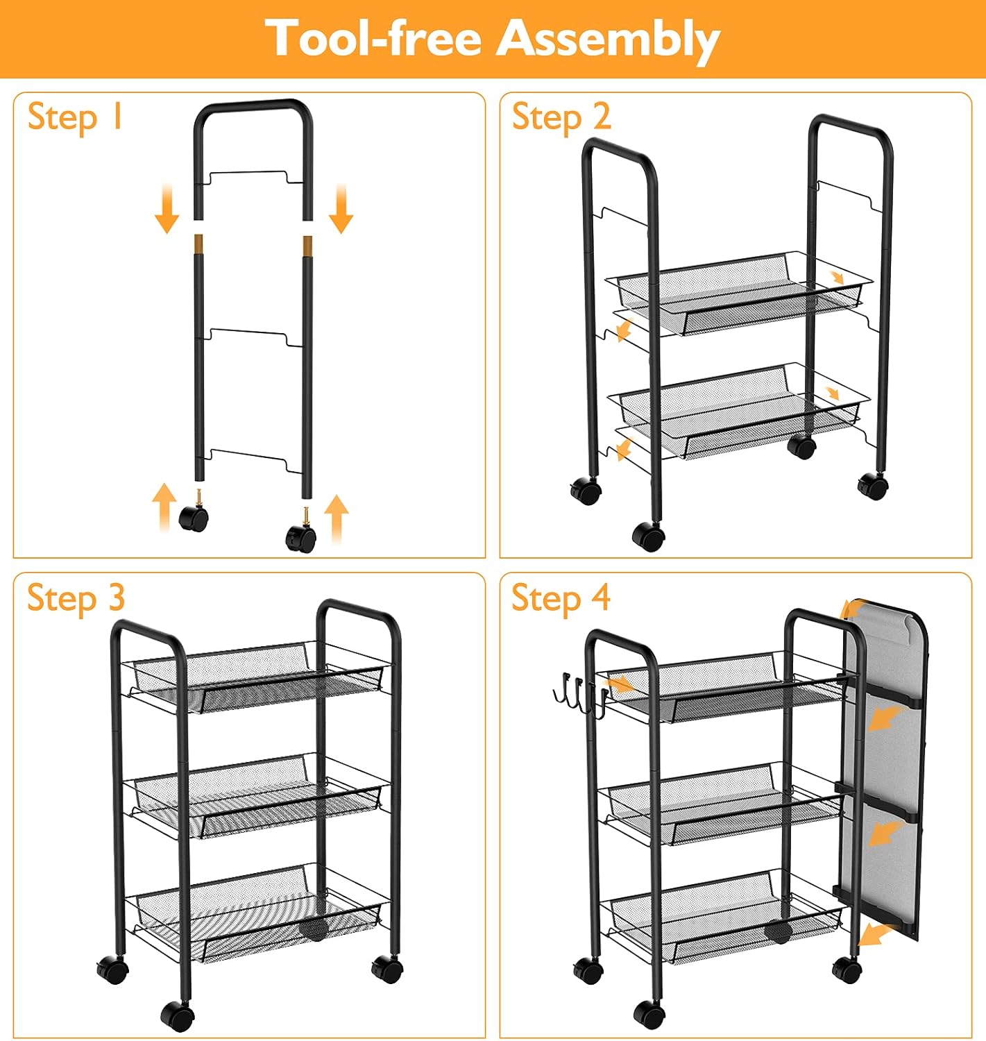 Utility Cart, YASONIC 3-Tier Rolling Cart with Storage Bag, Multifunction Metal Mesh Wire Organizer Trolley with 2 Lockable Wheels for Office Kitchen Bedroom Bathroom (Black): Kitchen & Dining
