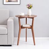 VELOHEIM Bamboo Round Side Table, 2-Tier Mid Century Modern Sofa End Table | Solid Wood Legs Accent Table Nightstand with Storage Shelf for Bedroom, Living Room, Office, Small Spaces (Walnut)