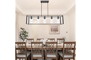 Wanluce Rectangular Chandelier for Dining Room 5 Light Matte Black Lights Fixtures with Glass Shade Farmhouse Linear Industrial Modern Hanging Lighting