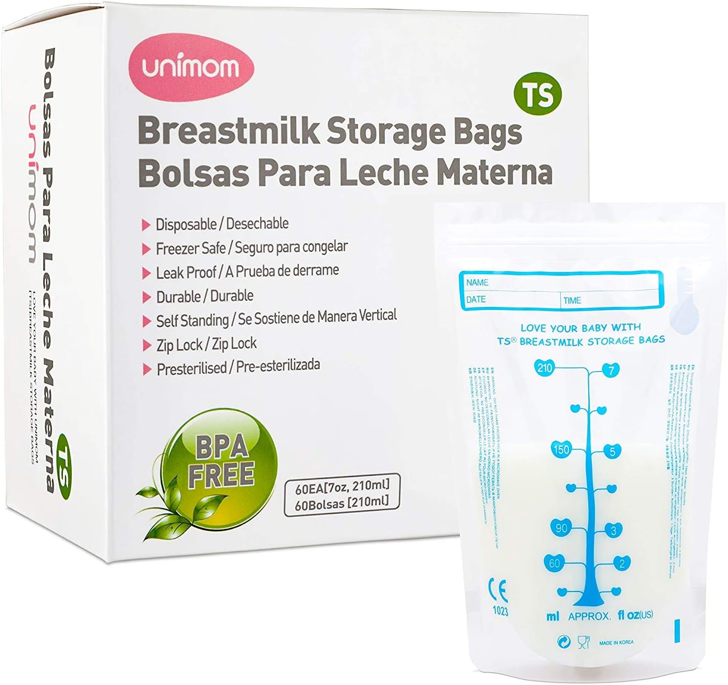 60 Thermal Sensor Breast Milk Bags – Shows when Milk is Frozen, Cold or Hot - Self Standing, Zip Top, Leak Proof, Freezer Safe – Pre Sterilized - BPA Free – 7oz – by Unimom