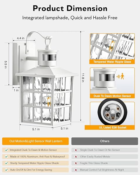 VIANIS WHITE MOTION SENSOR EXTERIOR WALL LANTERN, 2 PACK DUSK TO DAWN OUTDOOR LIGHT FIXTURE WALL MOUNT, ANTI-RUST MODERN OUTDOOR WALL SCONCE LIGHTING FOR HOUSE FRONT PORCH GARAGE WITH TEMPERED GLASS