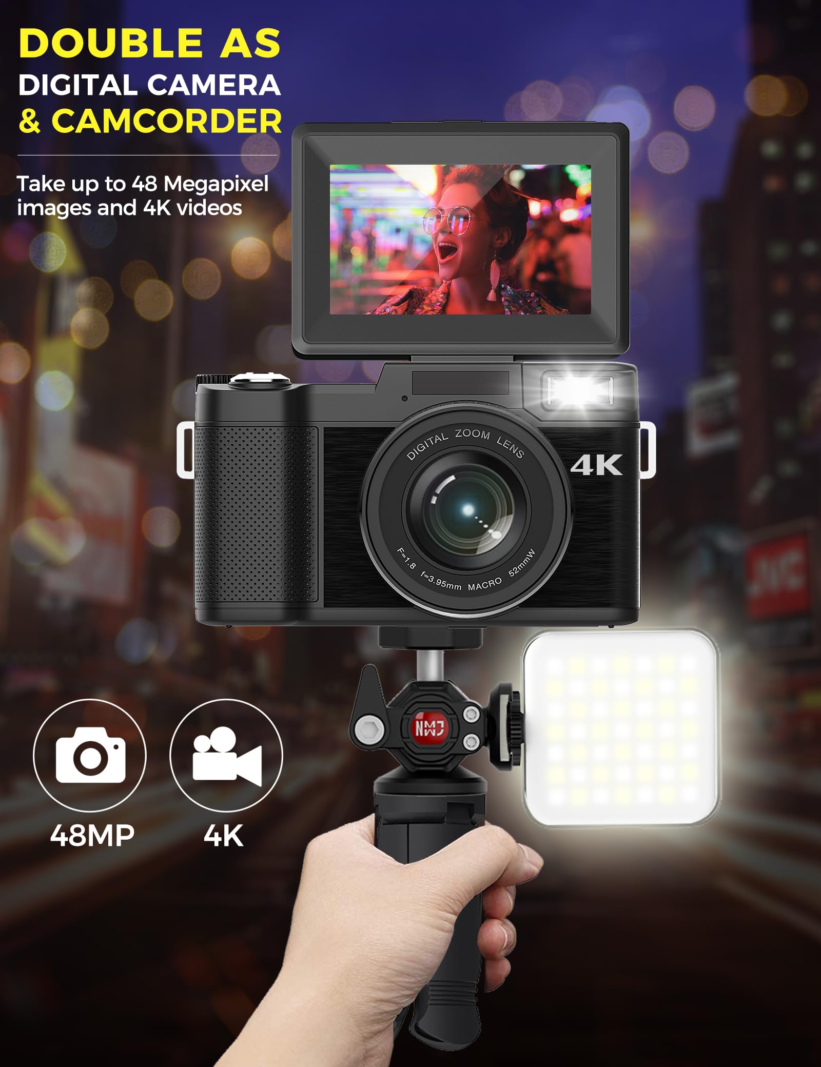 Digital Camera 4K 48MP Camera for Photography with Flip Screen Autofocus Vlogging Camera for YouTube with Selfie Light, Mini Tripod Accessories, Two Batteries