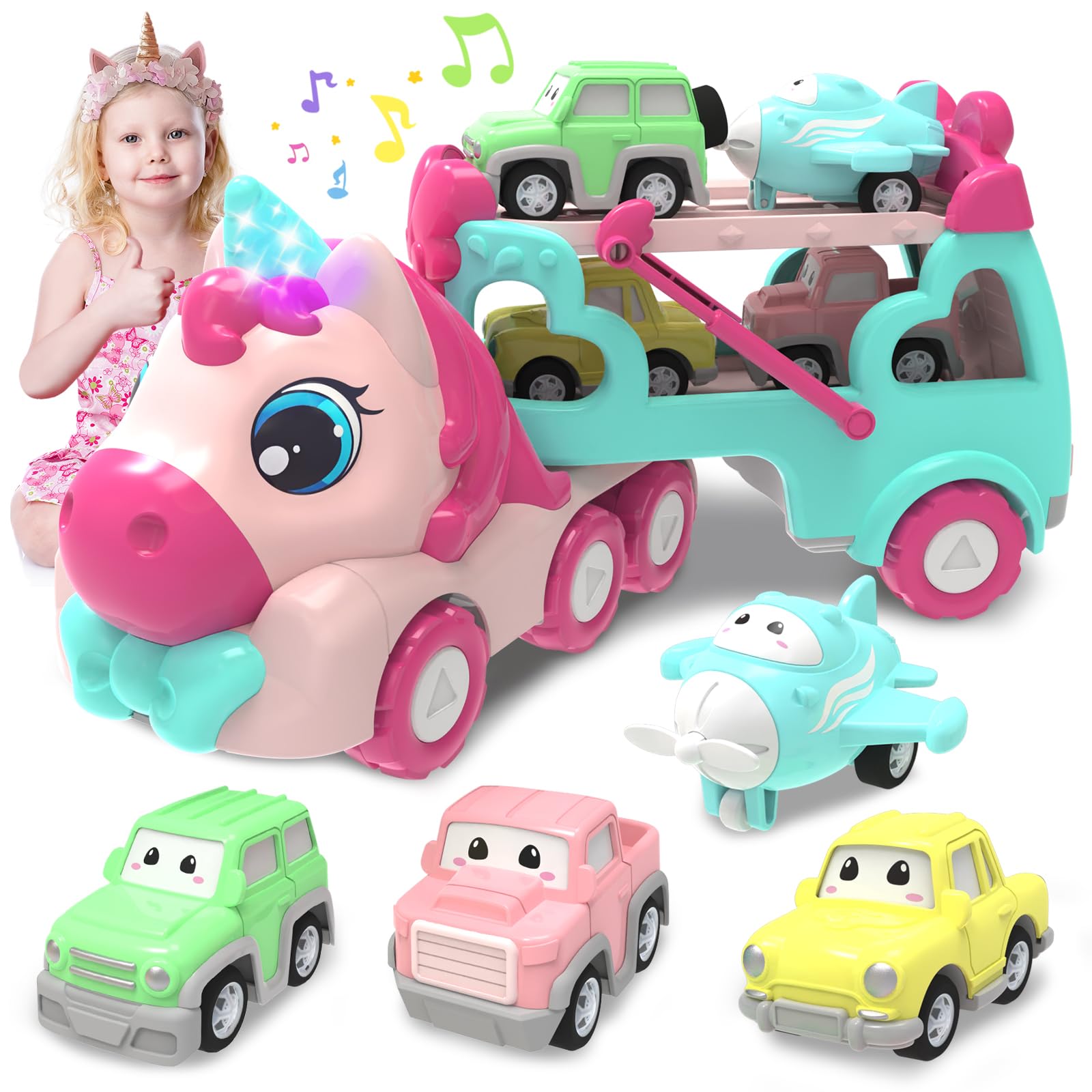 seveclotree Girl Toddler Toys 1 2 3,Unicorn Toys Truck With Light & Sound, 1 2 3 4 5 6 7 8 Year Old Girl Gifts,Toy Cars for Toddlers Girls,Birthday Gifts for 3-12 year Old Girls