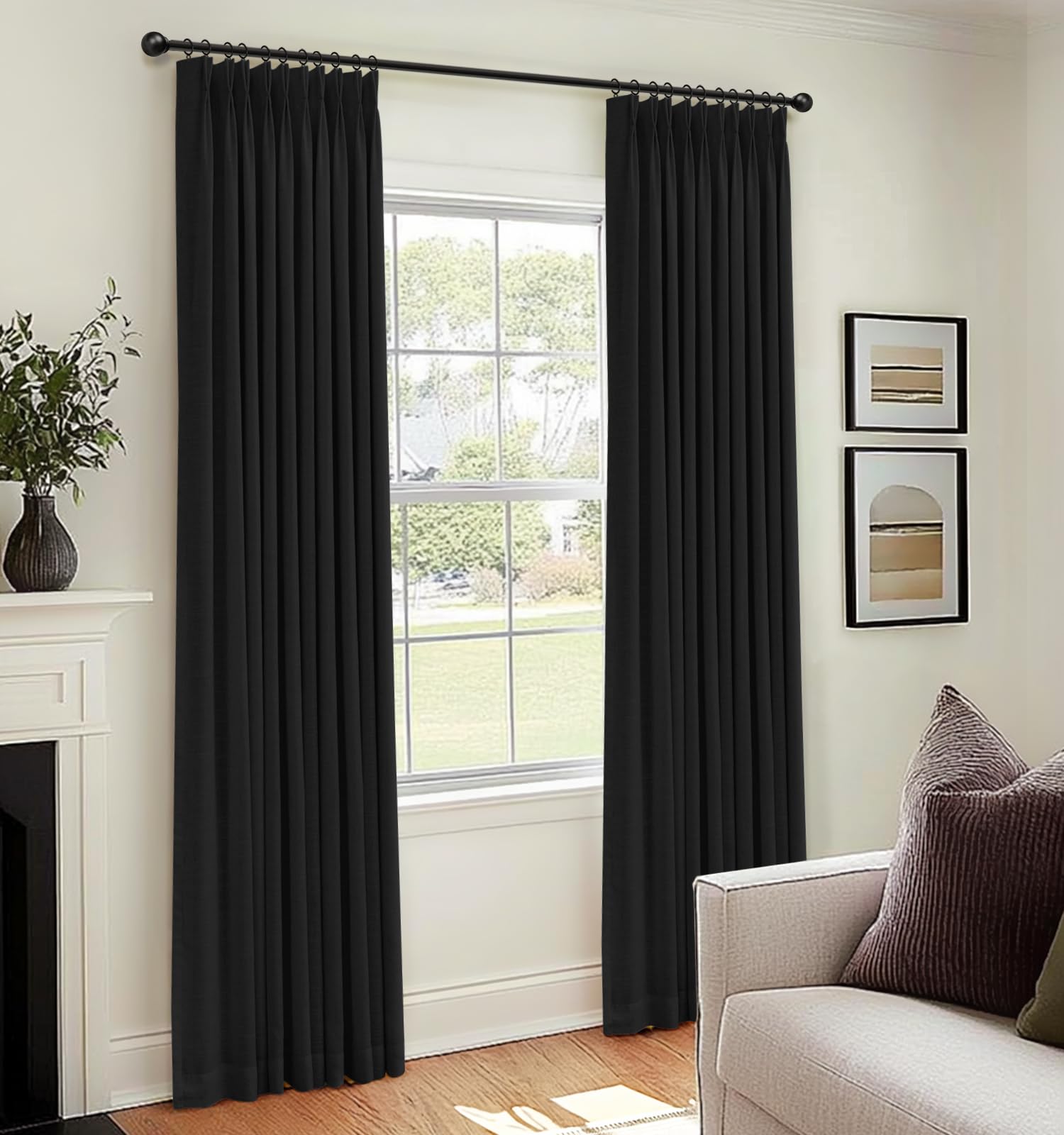 View 1 of 100% Blackout Shield Linen Pinch Pleated Curtains Blackout, Curtains 108 Inches Long 2 Panel Set for Bedroom/Living Room, Pinch Pleat Drapes with Hooks, 40” W x 108” L, Black