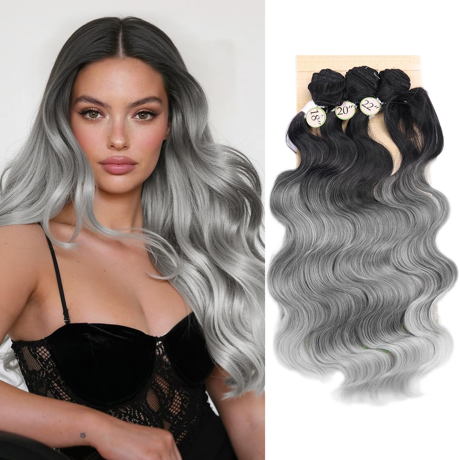 Photo 1 of HANNE Ombre Color Hair Synthetic Hair Bundles With Closure Body Wave 18"20"22" with Closure Heat Resistant Fiber Hair Colorful Synthetic hair Extensions (Black&Grey&Light Grey)