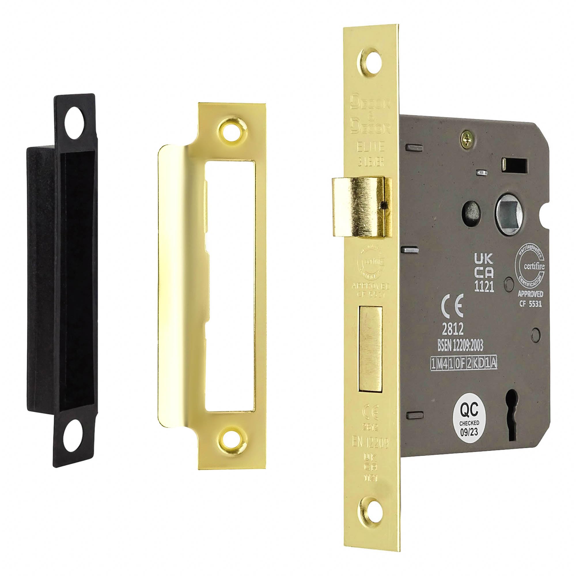 Decoranddecor Sash Mortice Door Lock with Keys - 2.5inc /64mm - Electro Brass - Fire Rated - UKCA & CE Approved