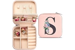 Seorsok Personalized Letter Jewelry Box, PU Leather Travel Portable Case with Mirror, Mini Pink Alphabet Flower for Women Mom