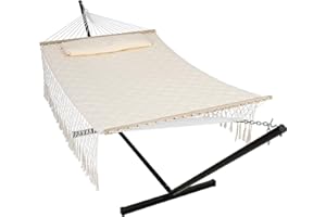 ANOW Outdoor Hammock with Tassels and 12 Feet Heavy Duty Steel Stand, Two Person Hammock with Stand Included, 450 LBS Weight Capacity, Natural