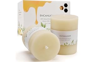 ENCANLIGHT Pure Beeswax Pillar Candles, 3x4 Inch Natural Bees Wax Candle Ivory 2 Pack, 65-70 Hour Long Burning, Unscented Smokeless and Dripless for Home Decor, Party, Wedding