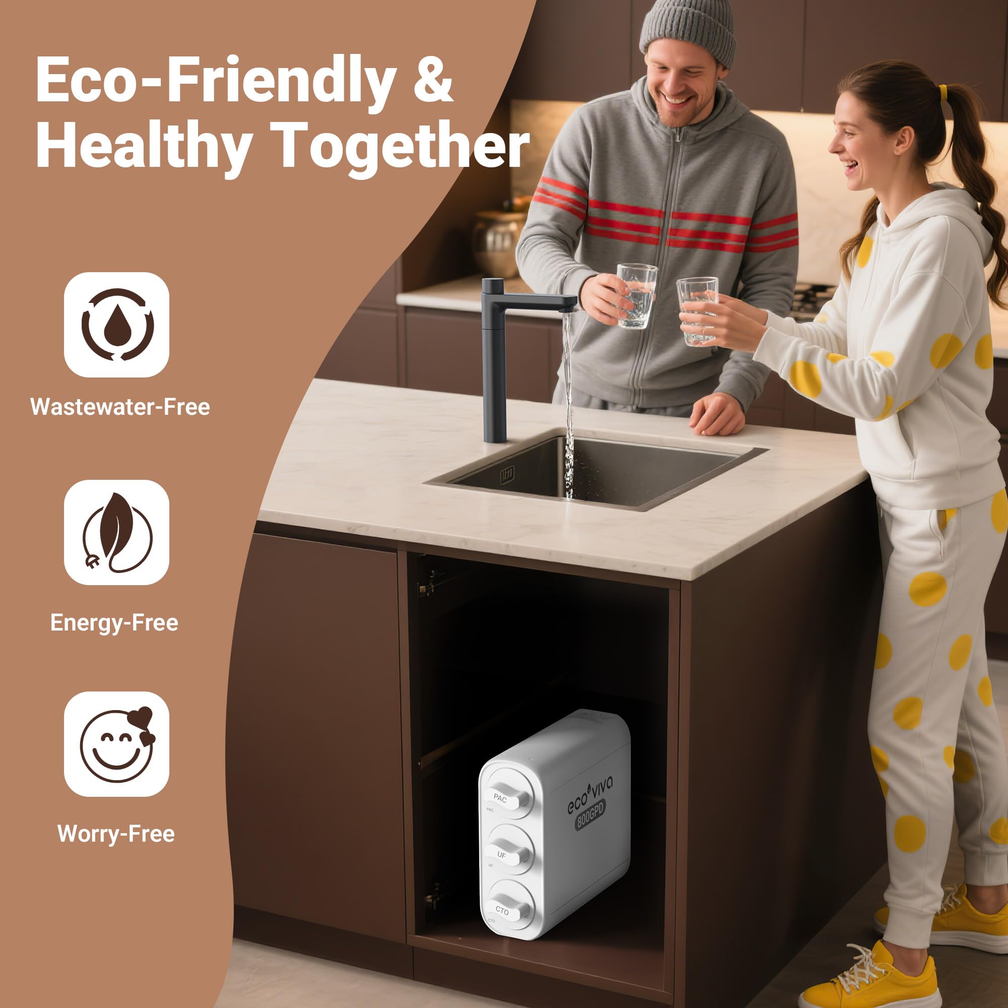 Ecoviva 0.01μm Ultra-Filtration Under Sink Water Filter, 4-Stage 800GPD Tankless Water Filtration System, Compact Design, No Electricity & Zero Wastewater, Preserves Beneficial Minerals, NO Reduce TDS