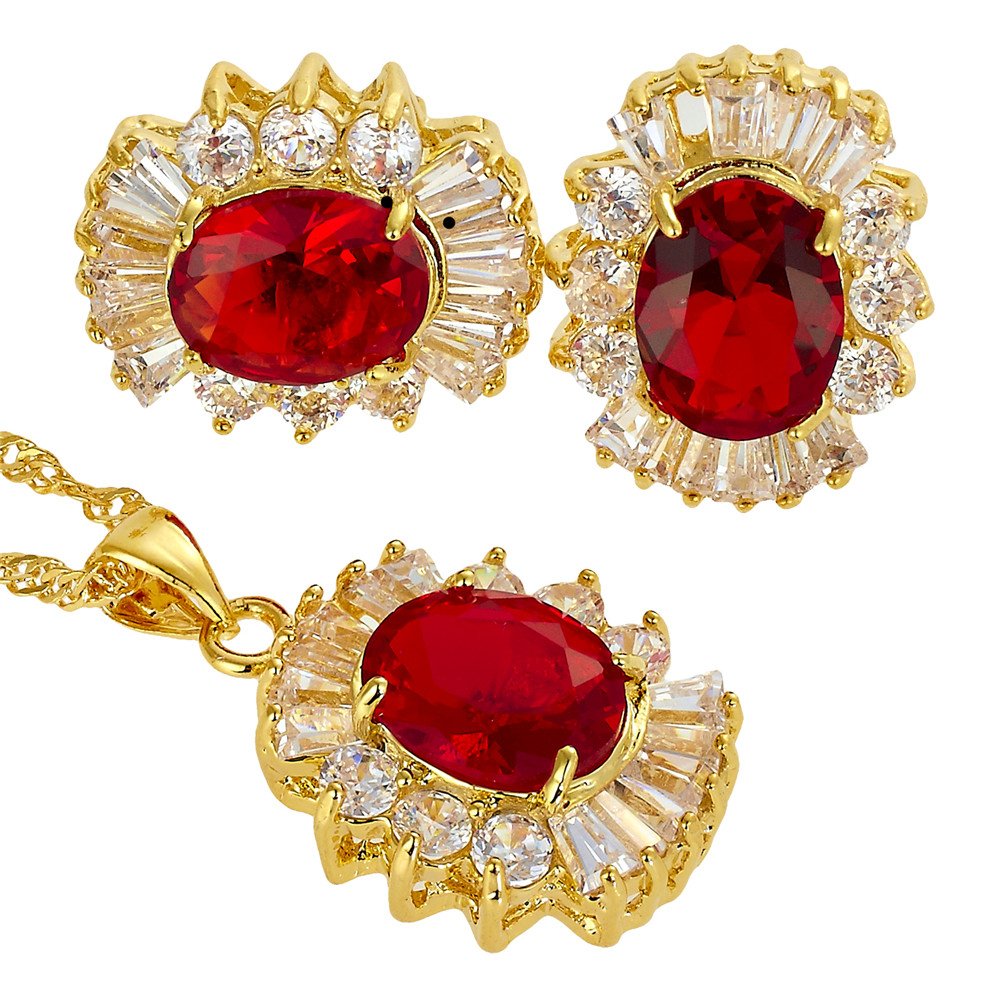RIZILIA Jewellery Set Pendant with 45cm(18") Chain & Stud Earrings Oval Cut Gemstones CZ [Red Ruby] in 18K Yellow Gold Plated, Simple Modern Elegance