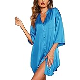 Ekouaer Satin Nightgowns for Women Silk Sleepwear Button Down Sleepshirt 3/4 Sleeve V-Neck Nightshirts with Pockets