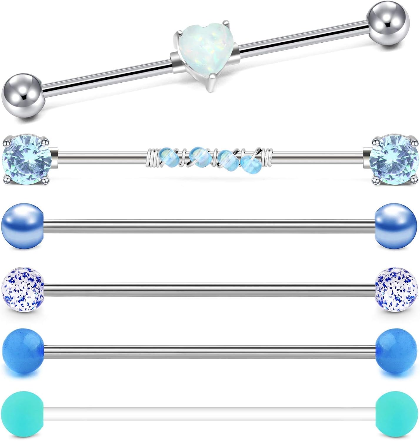 Rajnard Industrial Barbell Earrings 14G Surgical Stainless Steel Opal Heart Scaffold Industrial Piercing Jewelry Clear Retainer Bar 35mm 38mm for Women Men Silver