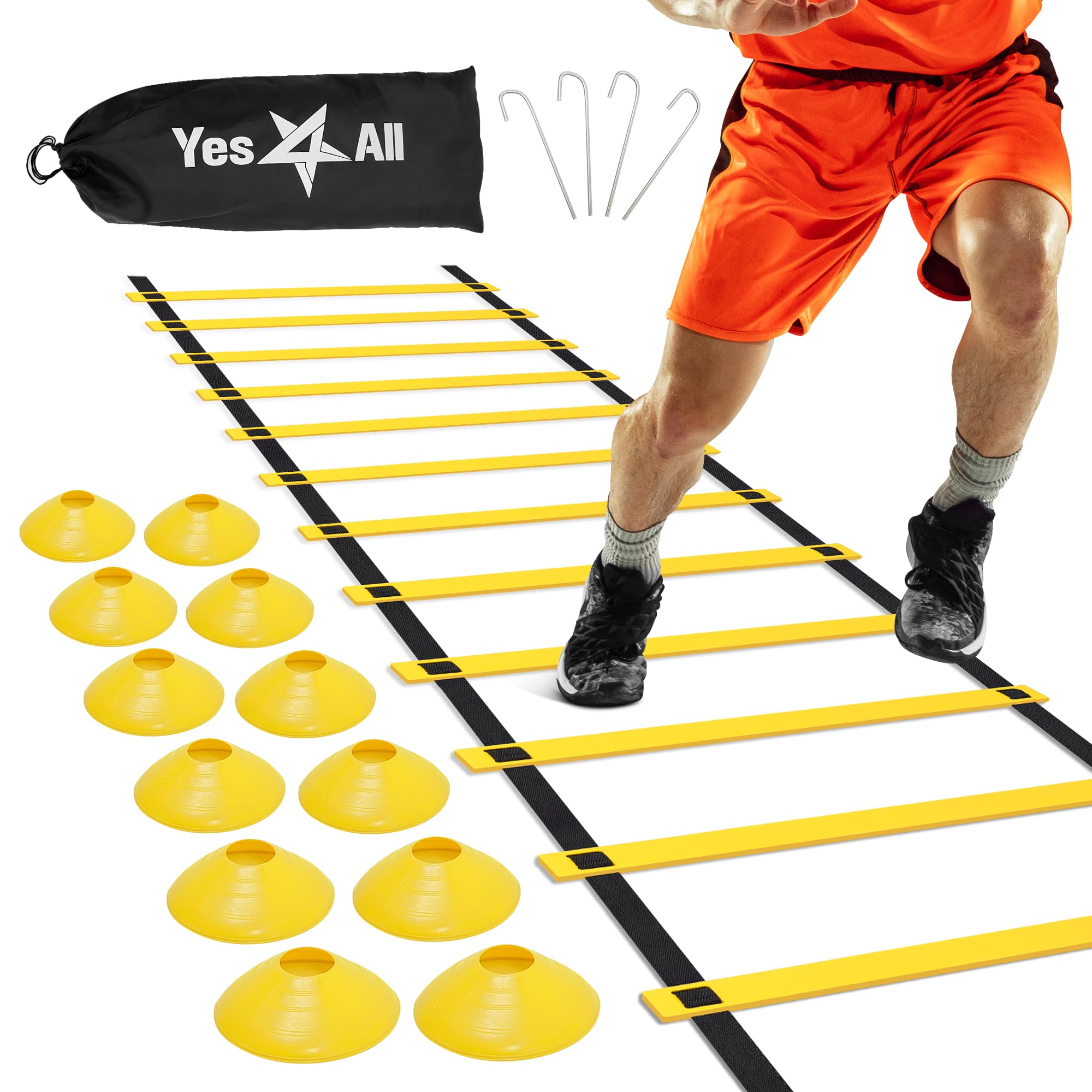 Yes4All Unisex 03nf Yes4All Ultimate Combo Agility Ladder Training Yellow Set Speed Agility Ladder Yellow 12 Adjus, A. Combo Yellow, Angles UK