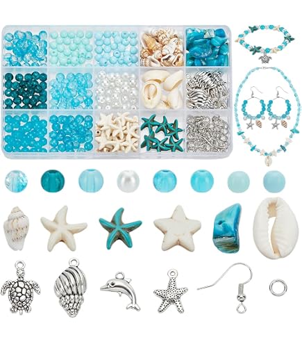 Kit Perles Bijoux Enfants – Argile Polymère 18 Couleurs + Pendentifs Mer (Étoile De Mer, Tortue, Coquillage) – Bracelets, Colliers – Fil Élastique Inclus