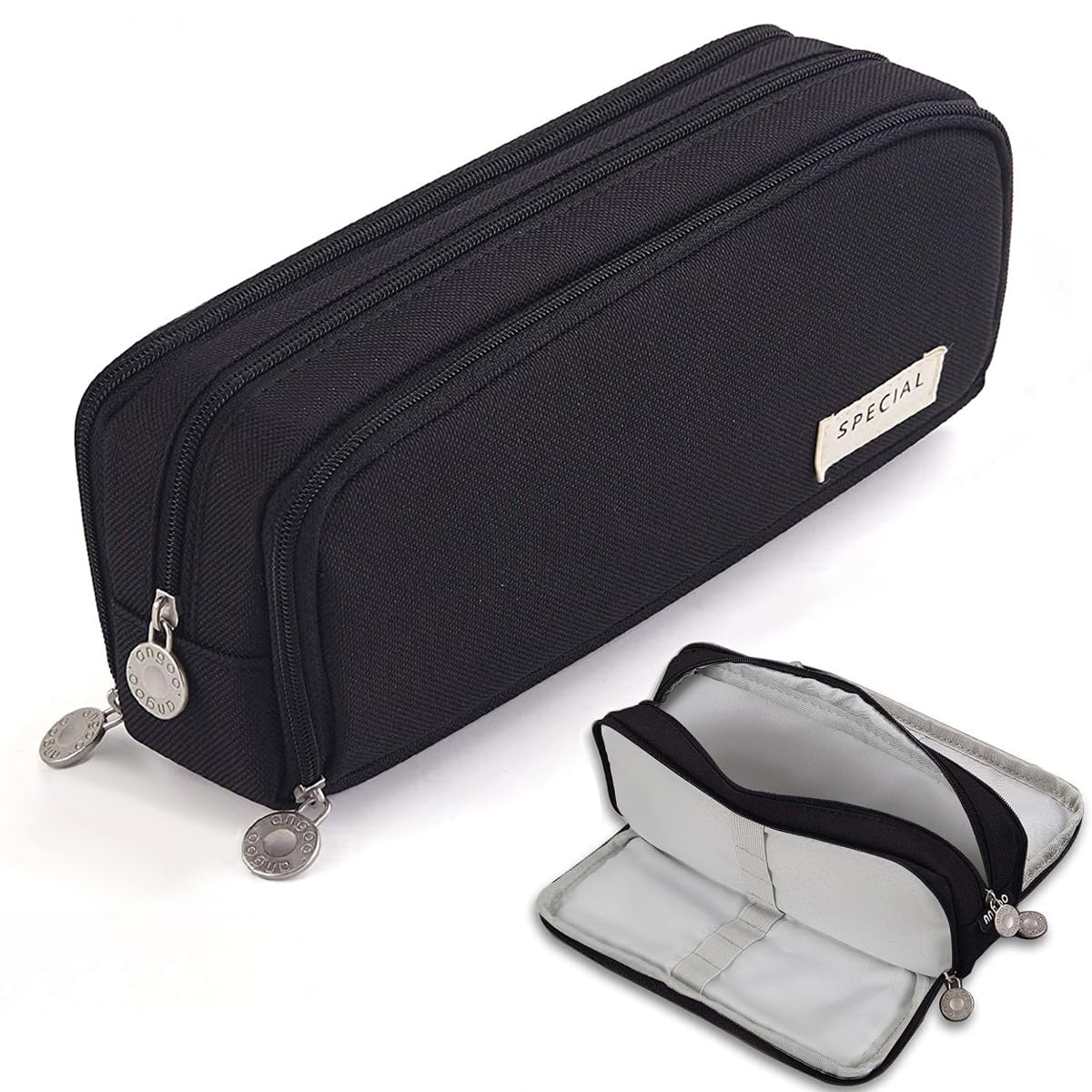 SeBeLi Pencil Case, Big Capacity 3 Compartments Canvas Makeup Cosmetic Pouch for Teen Boys Girls School Students Office (Black)