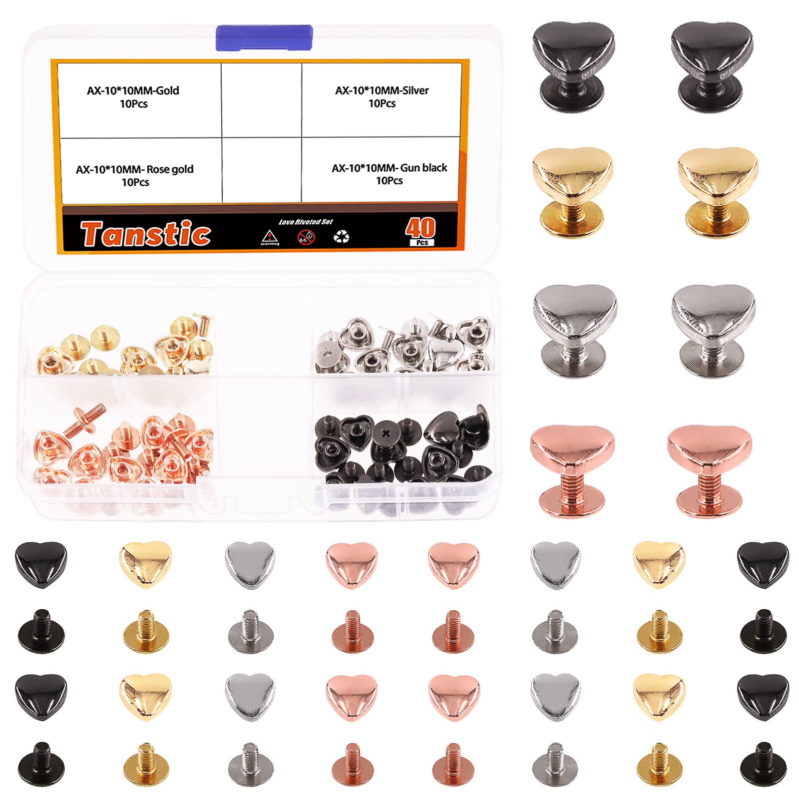 Tanstic 40 Sets 4 Colors 10x10MM Metal Heart Shape Screwback Leather Rivets, Decoration Screwback Stud Rivets Decorative Stud Rivets for Leather DIY Craft Clothes Bags Accessories