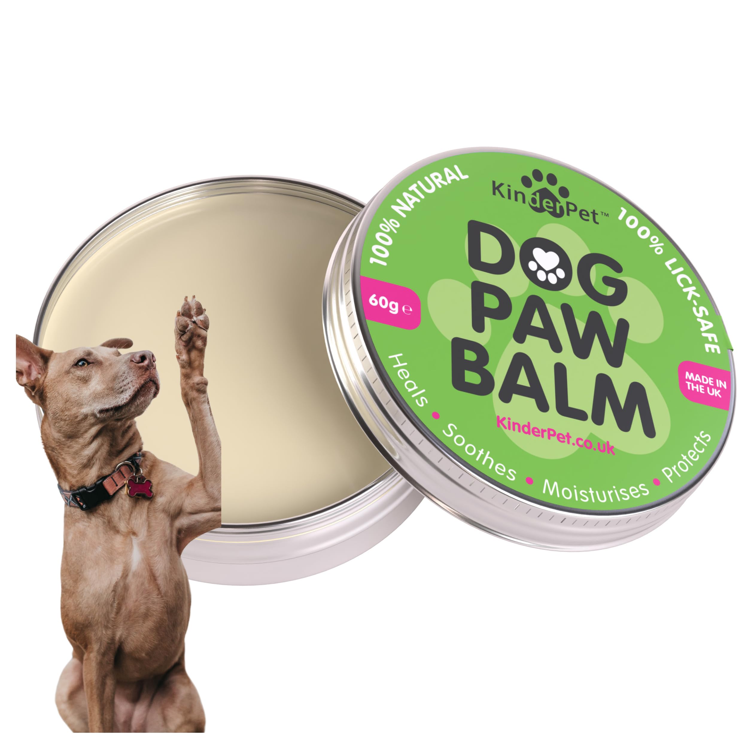KinderPet® Dog Paw Balm Heal Soothe Moisturise Protect Cracked Dry Damaged Paws Lick-Safe 100% Organic All Natural Ingredients Made in the UK 60g