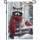BlissYard Winter Garden Flag 12x18 Inch Christmas Raccoon Garden Flags Snowy Woodland Scene with Red Winter Bird Welcome Winters Flag Outdoor Christmas Flags Seasonal Yard Decor