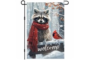BlissYard Winter Garden Flag 12x18 Inch Christmas Raccoon Garden Flags Snowy Woodland Scene with Red Winter Bird Welcome Winters Flag Outdoor Christmas Flags Seasonal Yard Decor