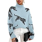 WDIRARA Women's Leopard Tiger Print Sweater High Neck Long Sleeve Fuzzy Knitted Pullover Top