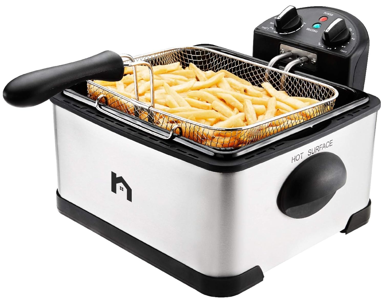 New House Kitchen Jumbo with with Adjustable Temp Removable Basket and Oil Container, Timer and Temperature Control, Stainless Steel Exterior, Family Size Deep Fryer 4.5 Liter Capacity