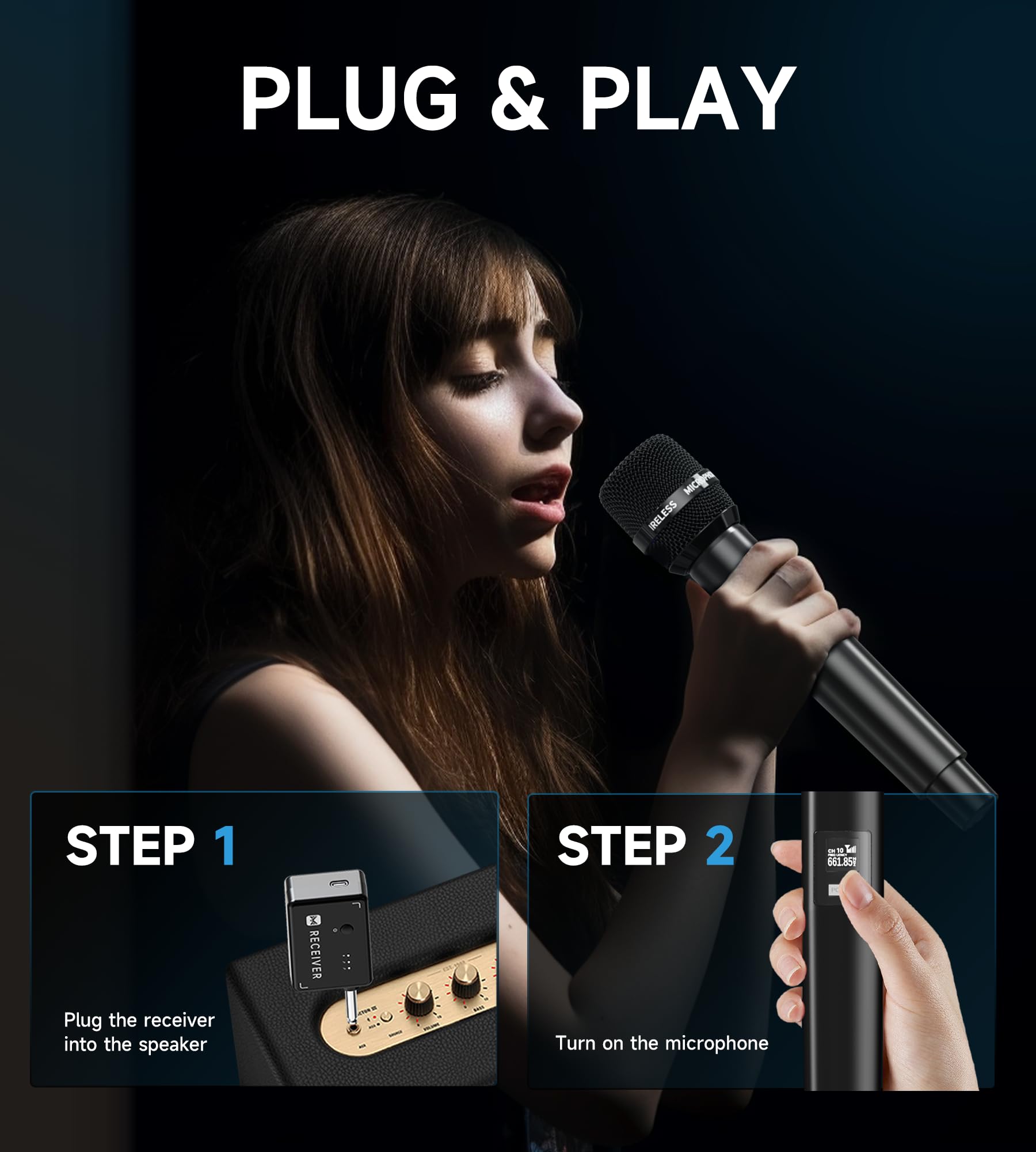 Wireless Microphones, Wireless Microphone with One-to-One Chip Connection, 40H Rechargeable Battery, 200FT Range, Plug and Play, Ergonomic Design,Less Latency Microphone for Singing, Speech, Party