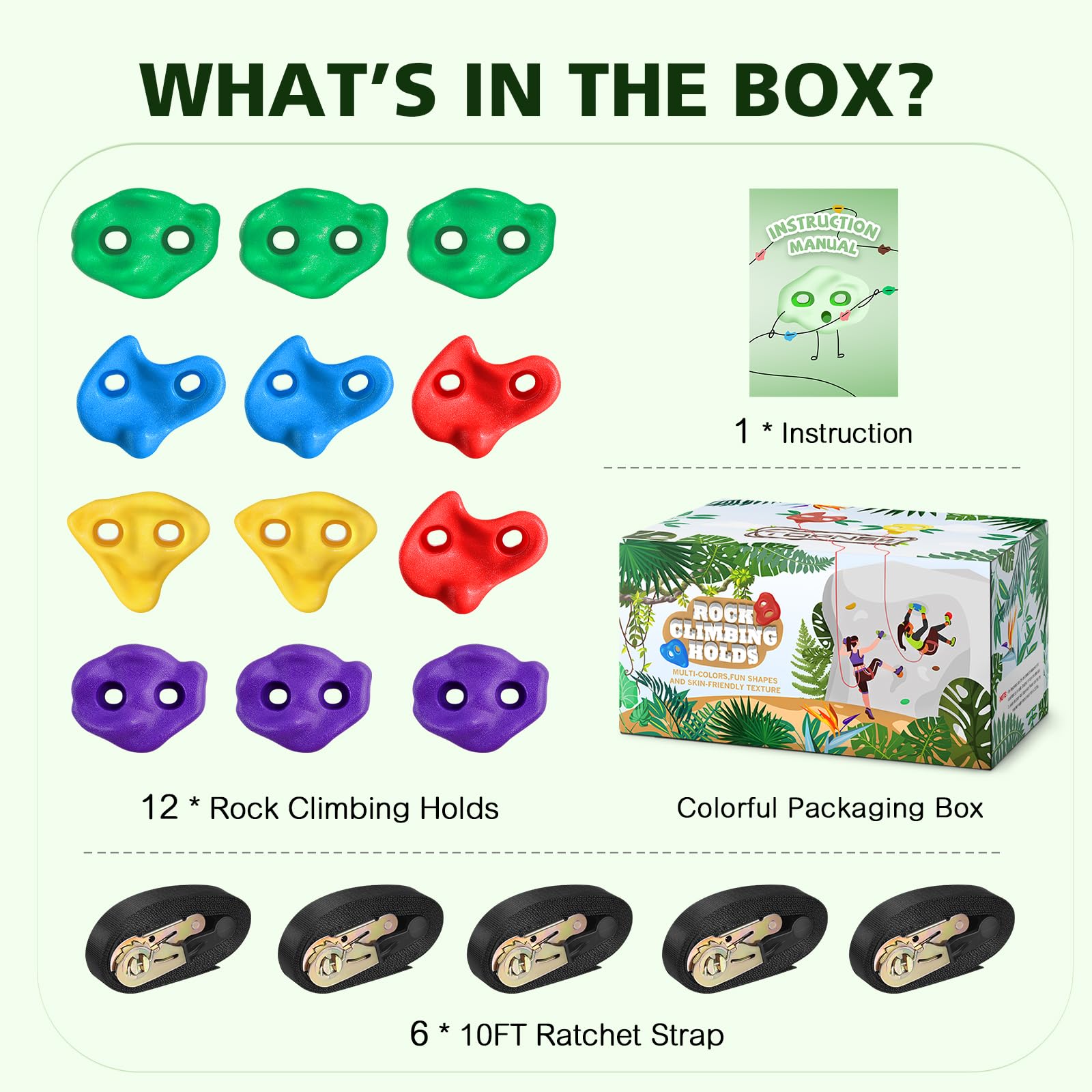 TOPNEW 12 Ninja Tree Climbing Holds for Kids Climber, Adult Climbing Rocks with 6 Ratchet Straps for Outdoor Ninja Warrior Obstacle Course Training