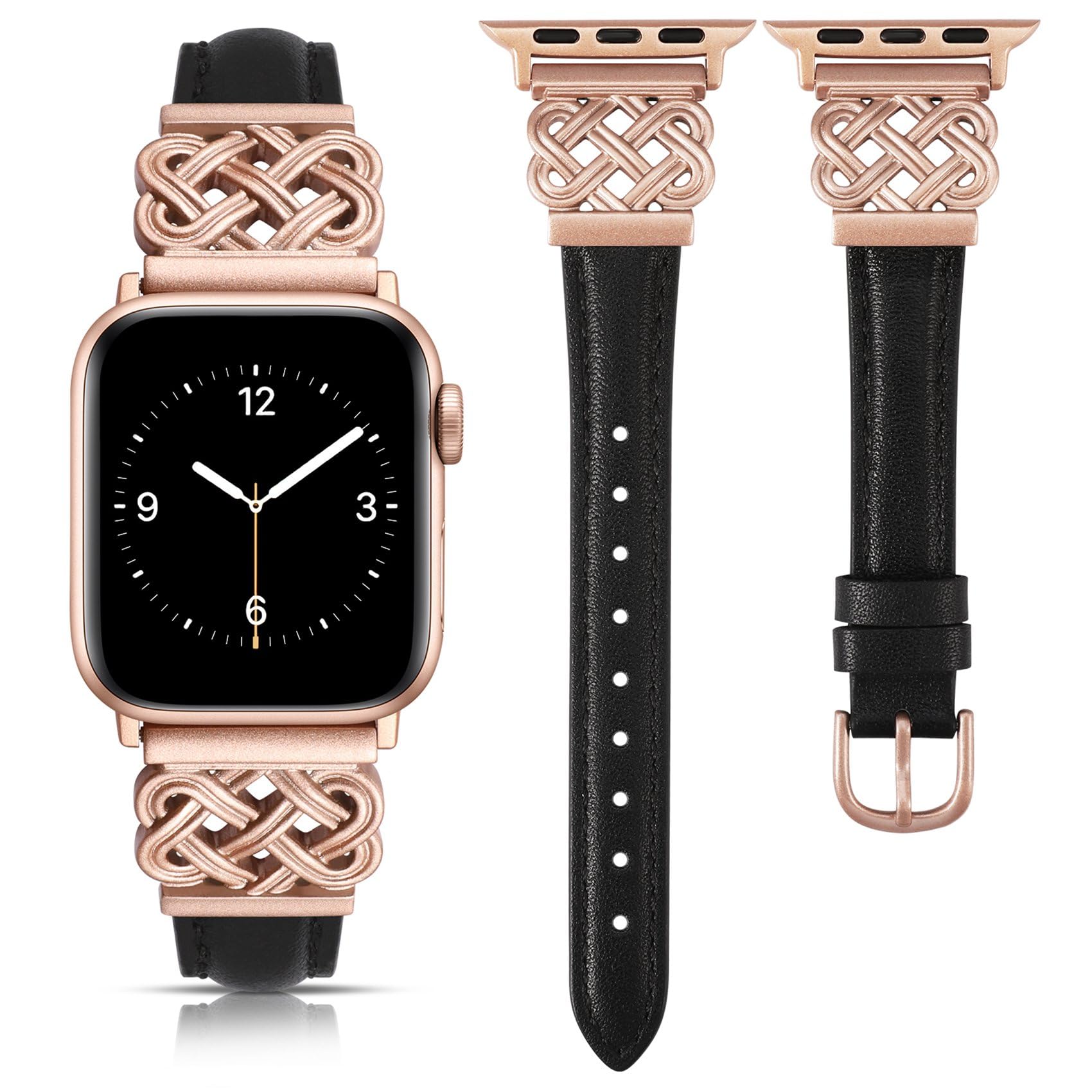 TOYOUTHS Leather Strap Compatible with Apple Watch Straps 38mm 40mm 41mm 42mm Women, Slim Thin Leather Strap with Dressy Interlock Buckle for iWatch 11 10 9 8 7 6 5 4 SE 3 2 1, Black/Rose Pink