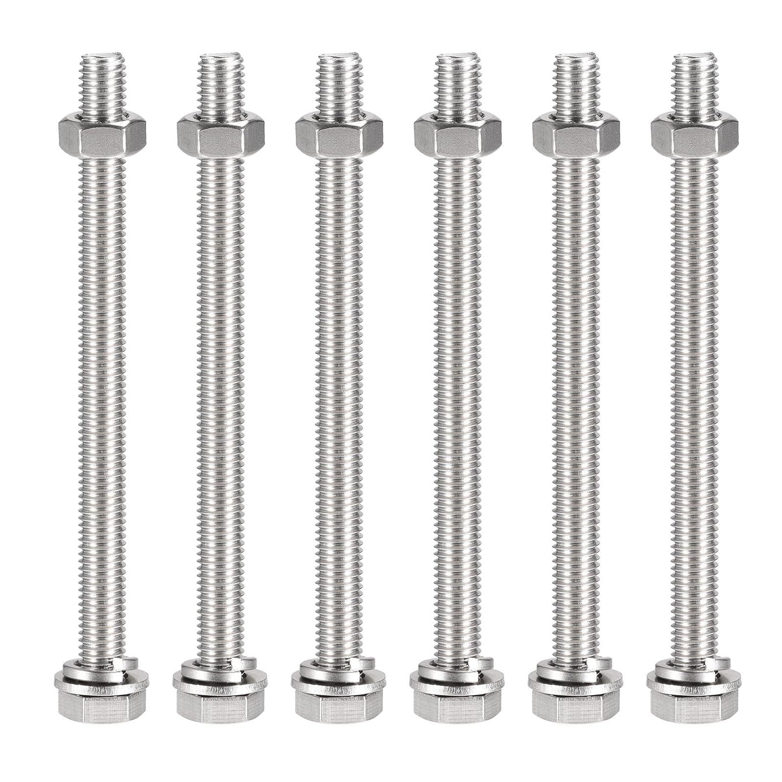 TOP-VIGOR 6Pcs M10 x 140mm Hex Head Screws Bolts, Nuts, Flat & Lock Washers Kits, 304 Stainless Steel Fully Thread Hexagon Bolts for DIY Bike Motorcycles Repair