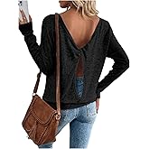 SOLY HUX Women's Twist Open Back Tops Cut Out Tee Backless Casual Long Sleeve Round Neck T Shirt Solid Black Small