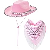 Kajoeiae Women's Cowgirl Costume Sets Bandana Wide Brim Sequins Cowboy Hat with Tassel Scarf Western Style Party Supplies